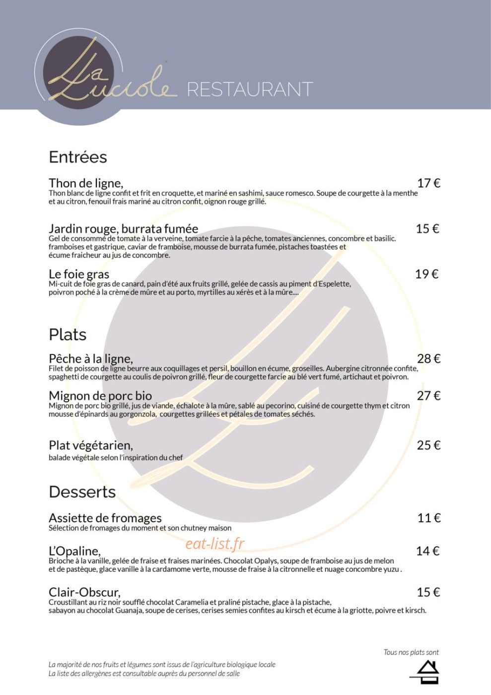 Carte et menu de La Luciole à Loire-Authion — Menu