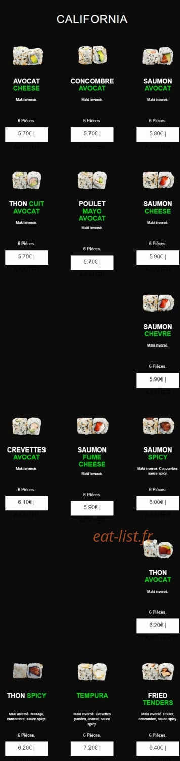 Carte et menu de californian sushi à Chalonnes sur Loire — California