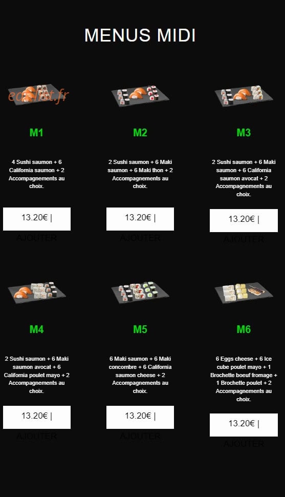 Carte et menu de californian sushi à Chalonnes sur Loire — Les menus midi