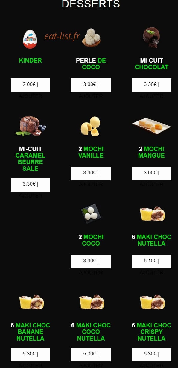 Carte et menu de californian sushi à Chalonnes sur Loire — Les desserts