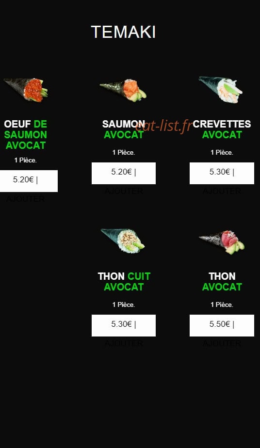 Carte et menu de californian sushi à Chalonnes sur Loire — Temaki