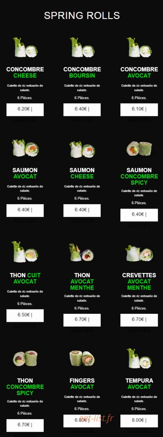 Carte et menu de californian sushi à Chalonnes sur Loire — Les spring rolls