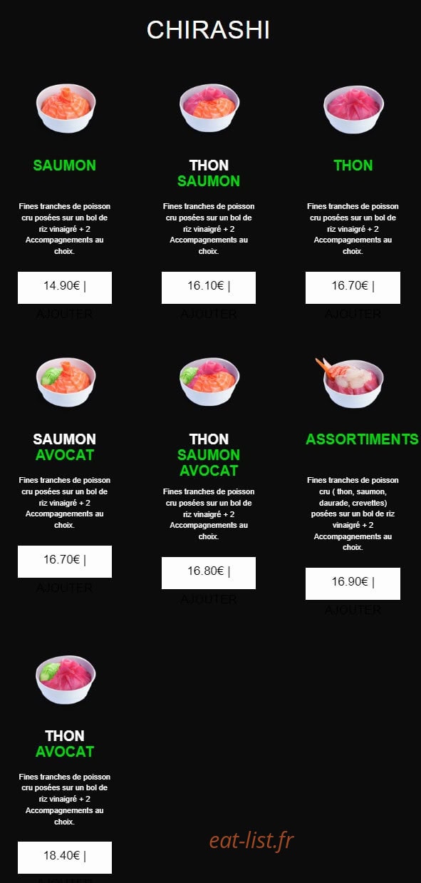 Carte et menu de californian sushi à Chalonnes sur Loire — Chirashi