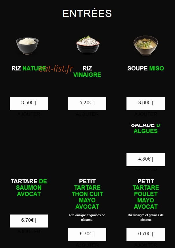 Carte et menu de californian sushi à Chalonnes sur Loire — Les entrées