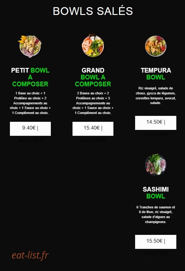 Carte et menu de californian sushi à Chalonnes sur Loire — Bowls sales