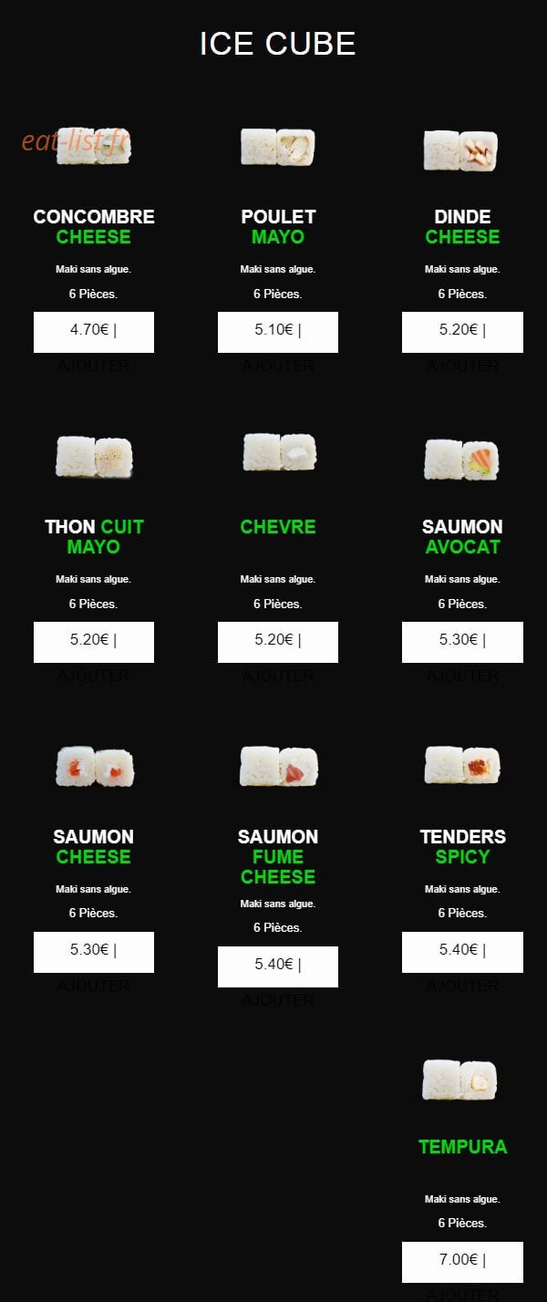 Carte et menu de californian sushi à Chalonnes sur Loire — Ice cube