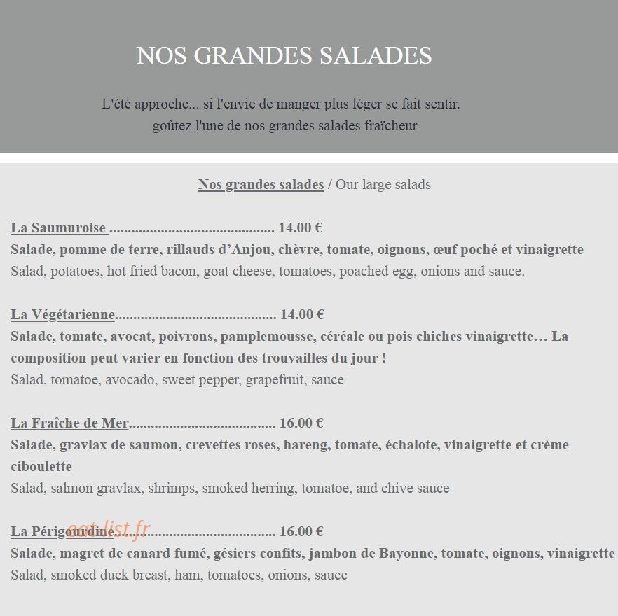 Carte et menu de Domaine de la Blairie à Gennes-Val-de-Loire — Les grandes salades