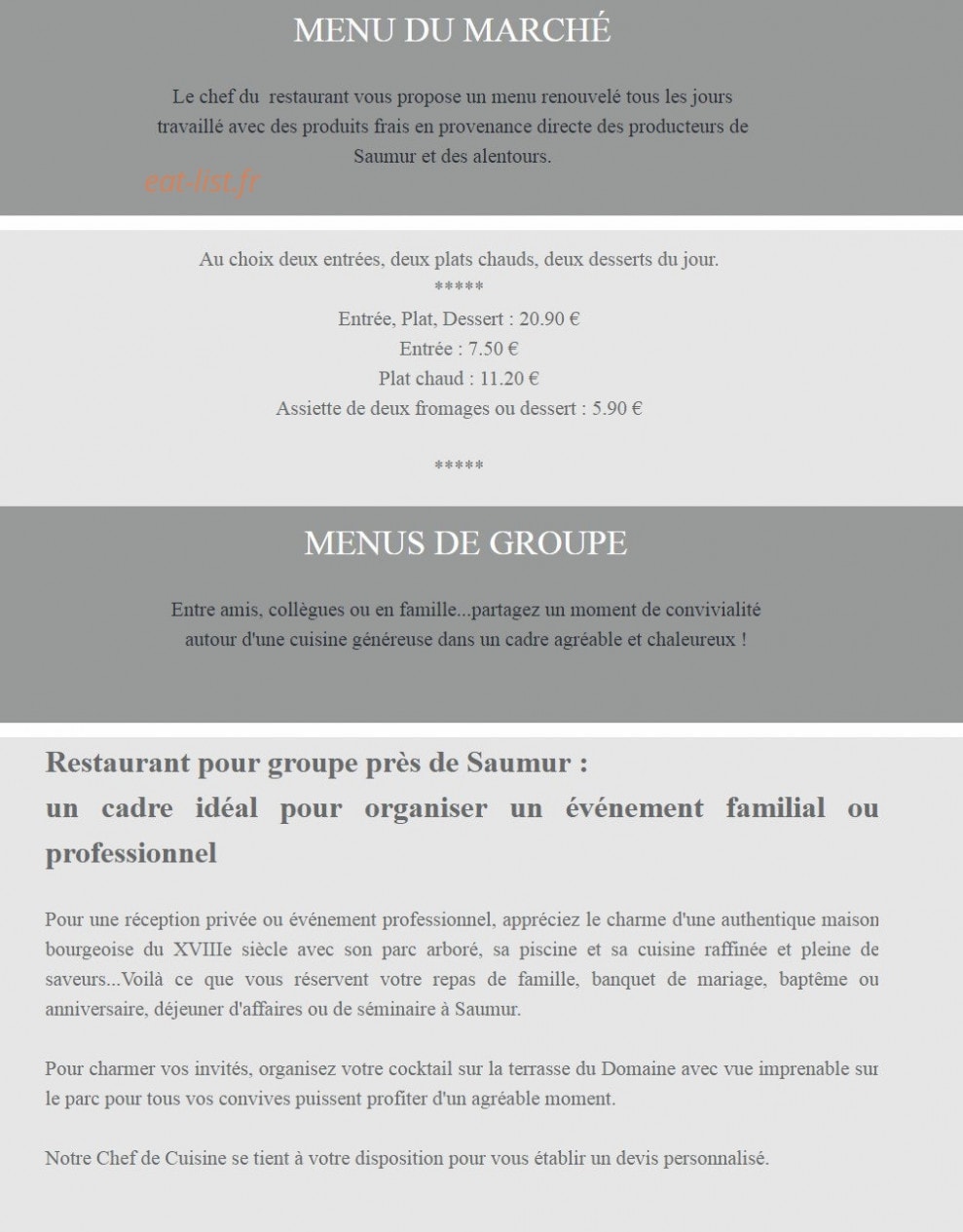 Carte et menu de Domaine de la Blairie à Gennes-Val-de-Loire — Les menus