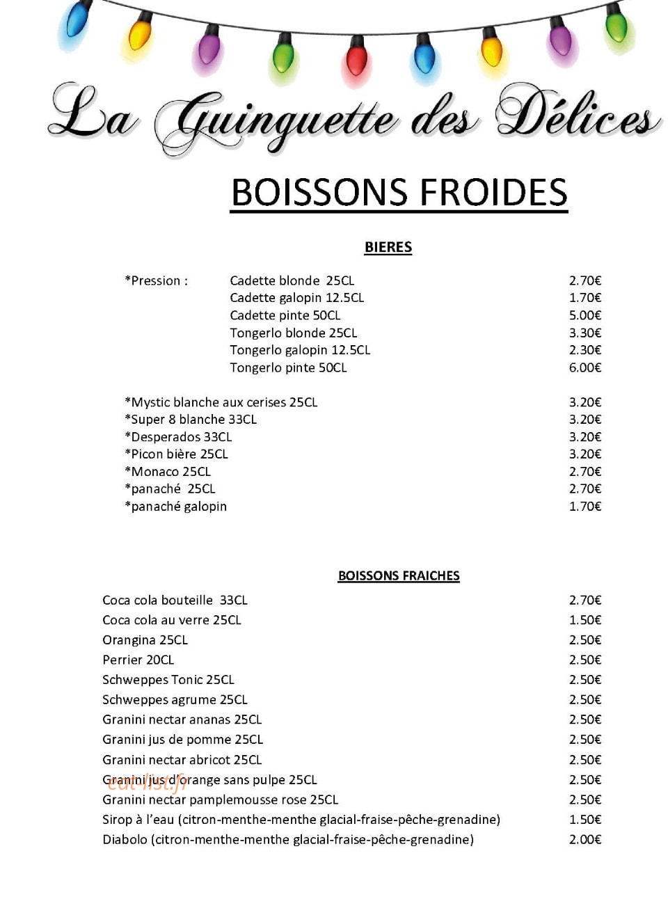 Carte et menu de Les Delices Du Moulin D'anjou à Le Louroux Beconnais — Boissons froides