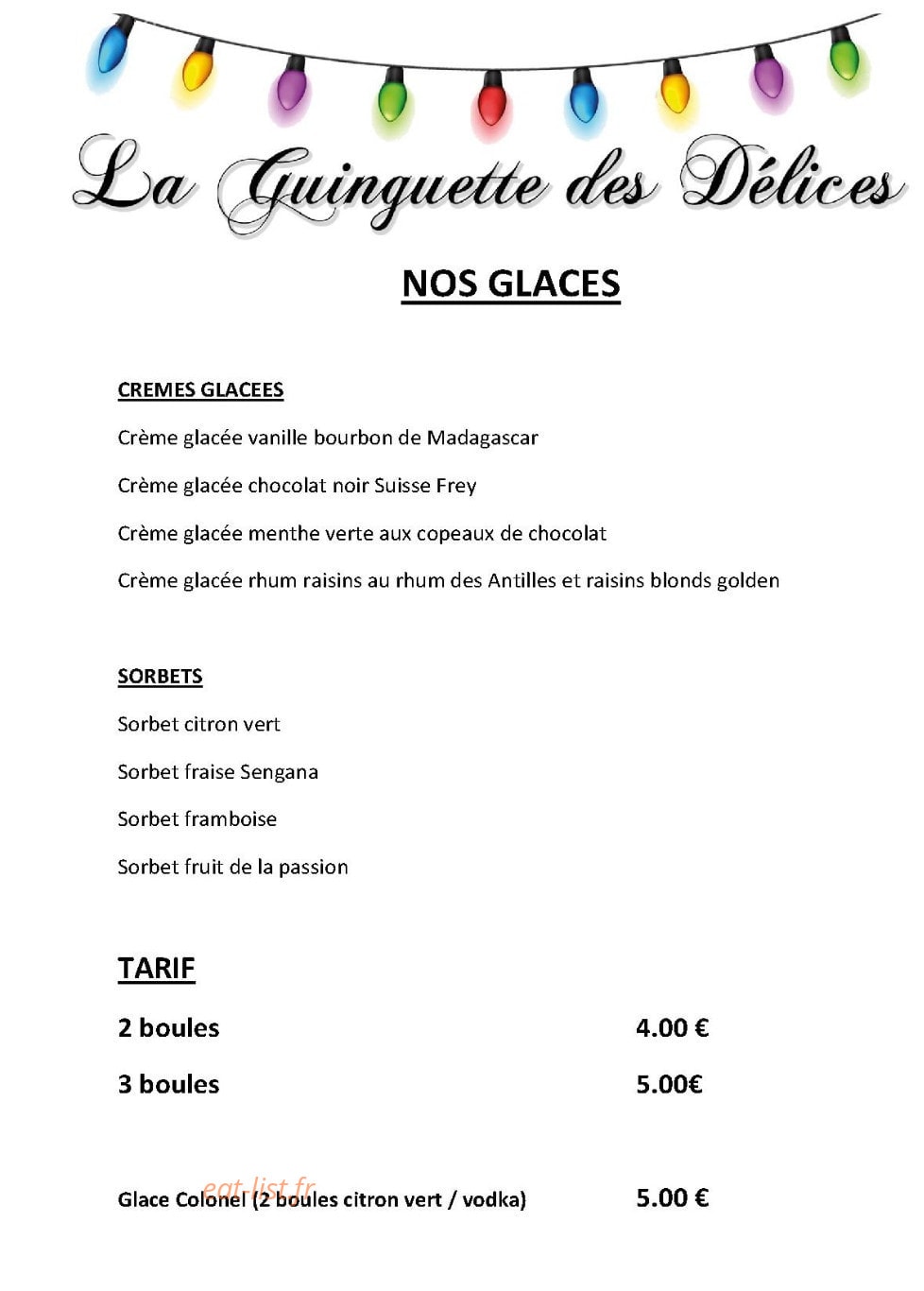 Carte et menu de Les Delices Du Moulin D'anjou à Le Louroux Beconnais — Glaces