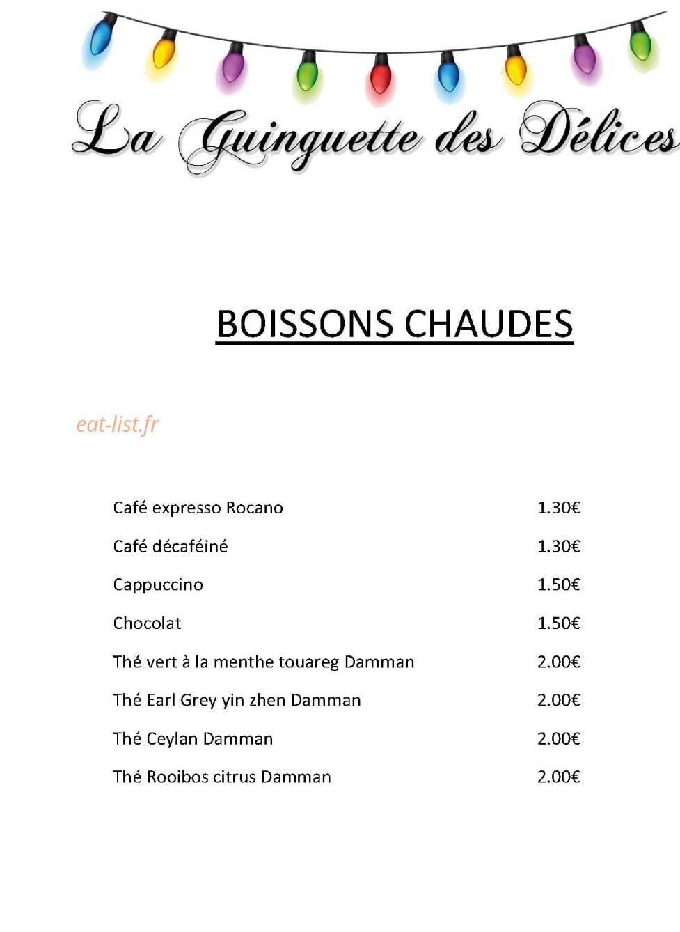 Carte et menu de Les Delices Du Moulin D'anjou à Le Louroux Beconnais — Boissons chaudes
