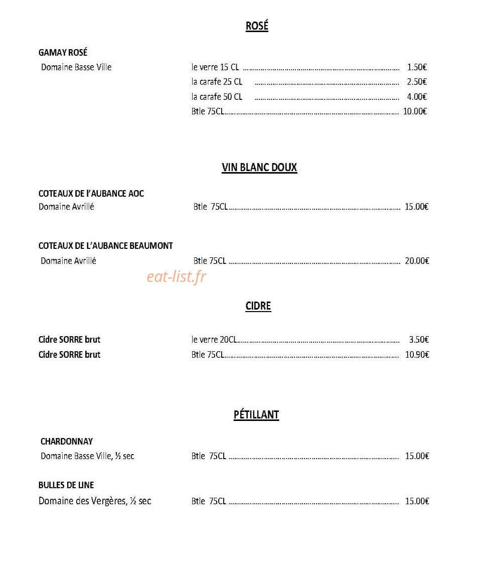 Carte et menu de Les Delices Du Moulin D'anjou à Le Louroux Beconnais — Vins suite