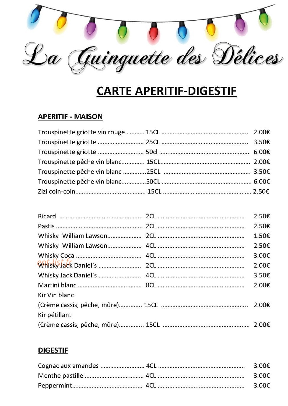 Carte et menu de Les Delices Du Moulin D'anjou à Le Louroux Beconnais — Apéritifs et digestifs
