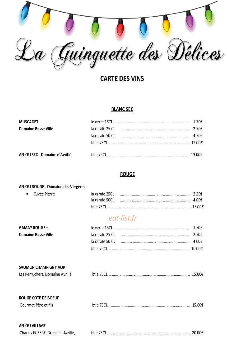 Carte et menu de Les Delices Du Moulin D'anjou à Le Louroux Beconnais — Vins