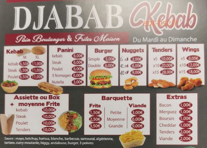 Djabab kebab — carte page 1