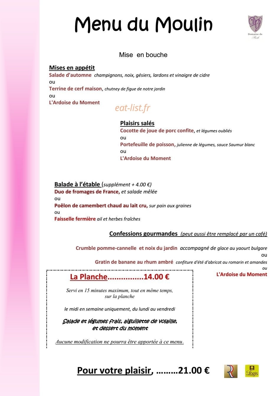 Le Moulin Des Saveurs — carte page 1