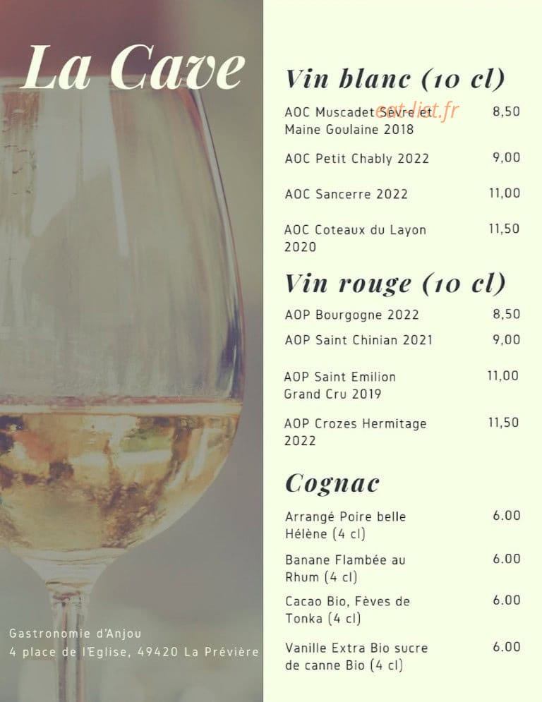 Carte et menu de Gastronomie d'Anjou à Ombrée d'Anjou — Les vins et cognacs