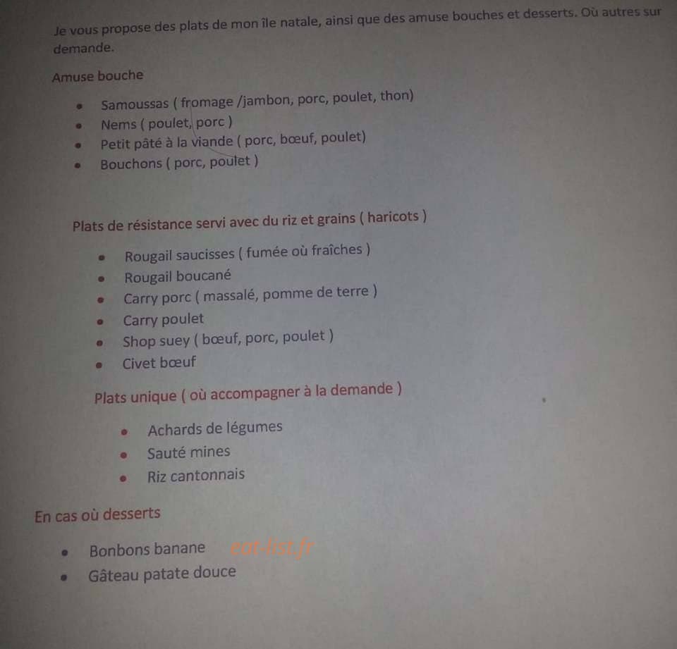 Carte et menu de Les saveurs de la réunion à Saint Macaire en Mauges — Les amuses bouche, plats et desserts