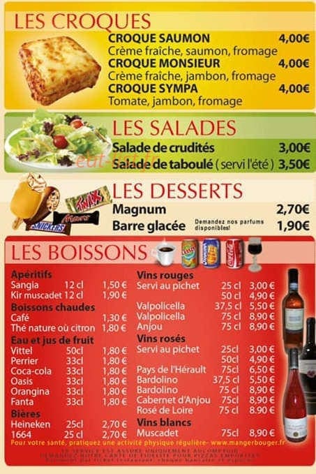 Carte et menu de La Pizza Sympa à Montreuil Juigne — Les croques, salades et boissons