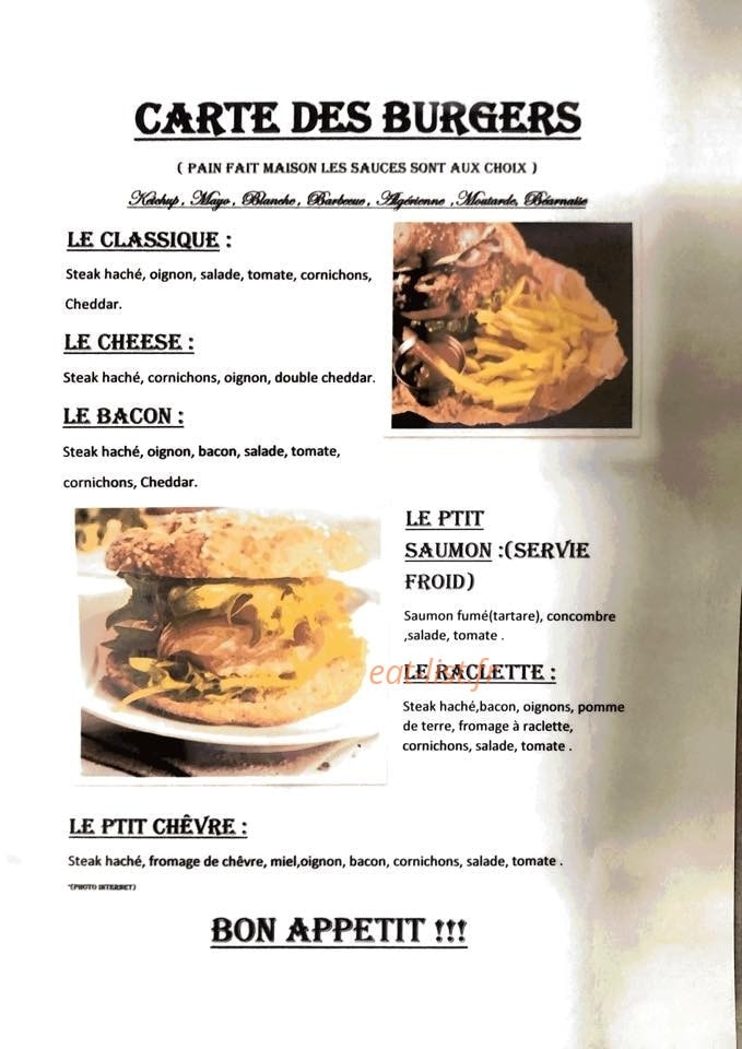 Carte et menu de Au ptit restaurant du château à Soulaire et Bourg — Les burgers