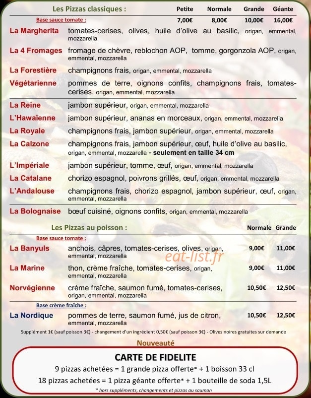 Carte et menu de Pizzeria Vitaliano à Segré-en-Anjou Bleu — Les pizzas classiques