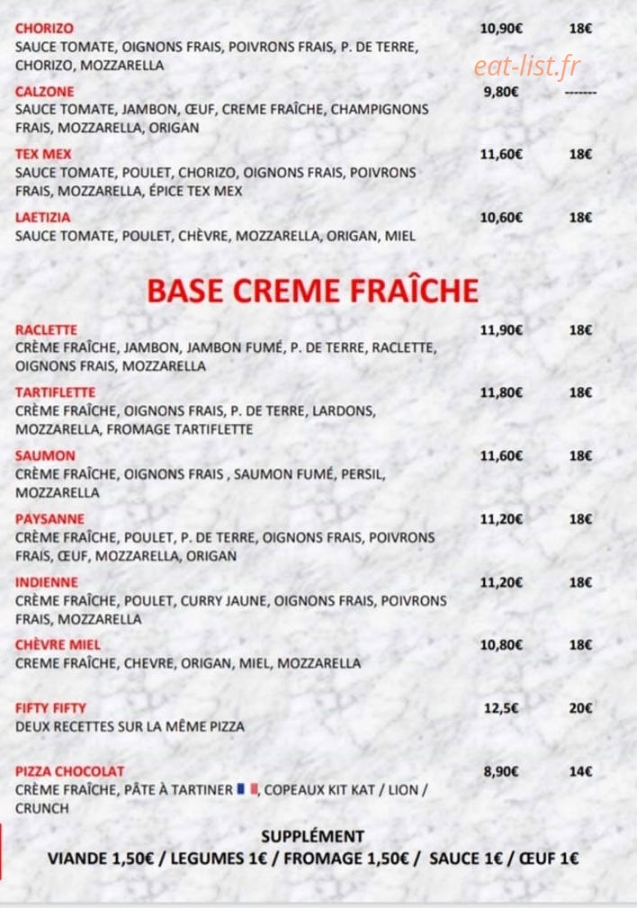 Carte et menu de Laëtizia Pizza à Noyant la Gravoyere — Pizzas base tomate, pizzas base crème