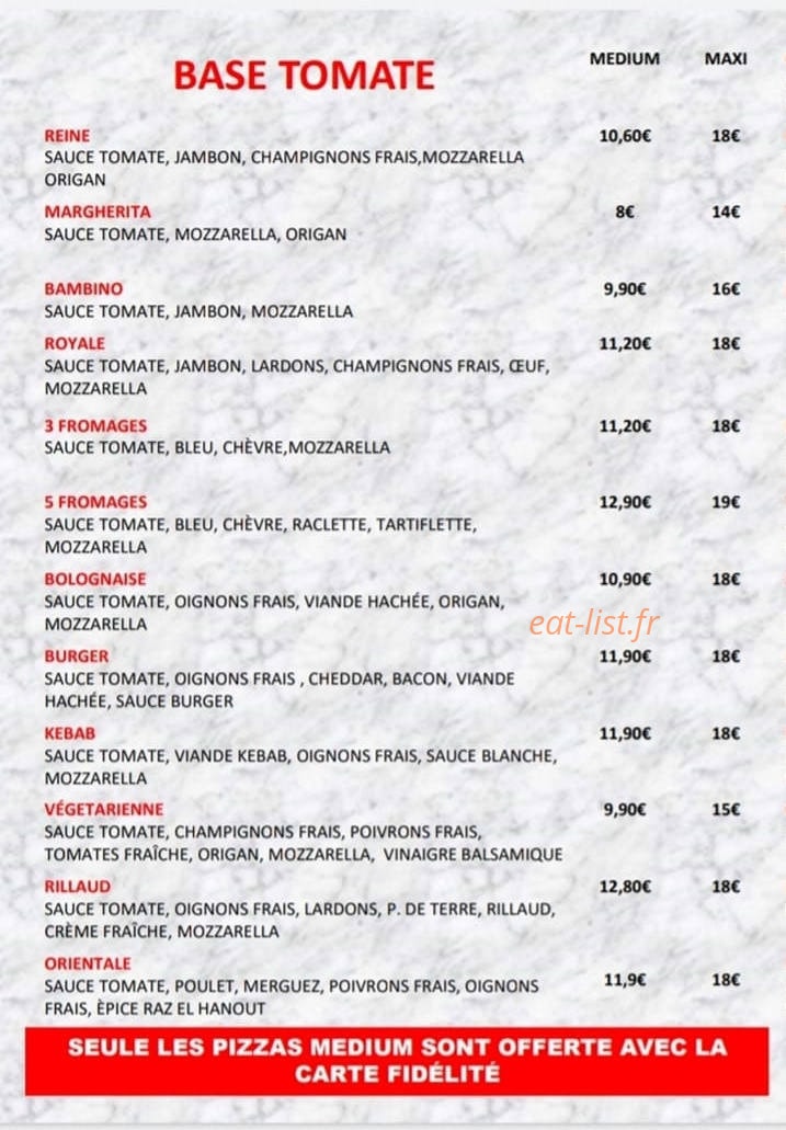 Carte et menu de Laëtizia Pizza à Noyant la Gravoyere — Pizzas base tomate