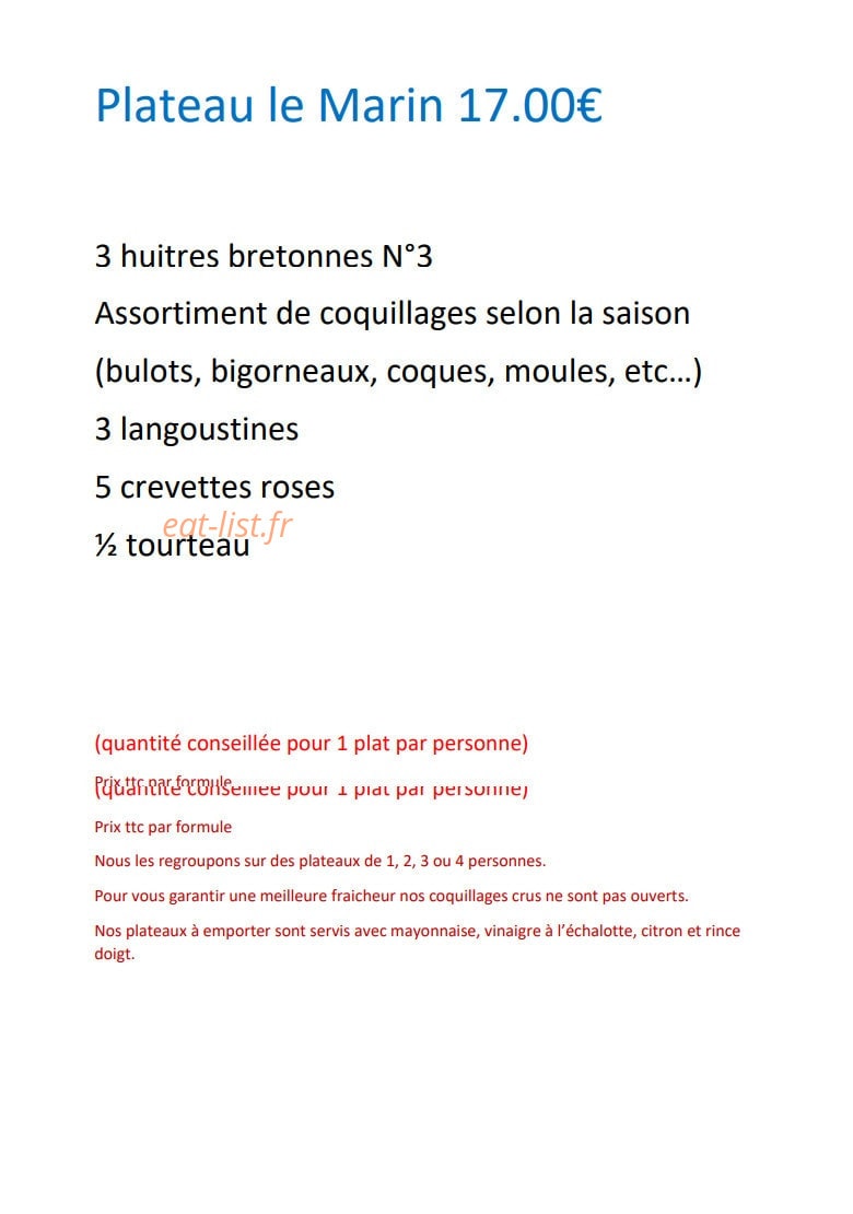Carte et menu de L'Océan à Orée d'Anjou — Les plateaux le marin