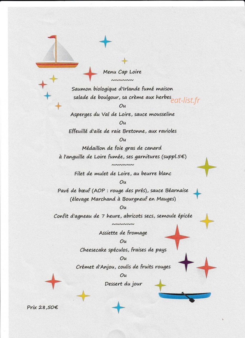 Carte et menu de Auberge de la Loire à Montjean sur Loire — Le menu Cap Loire