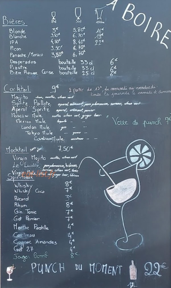 Carte et menu de La Paillote des Lucettes à Montjean sur Loire — Les bières, cocktails et mocktails