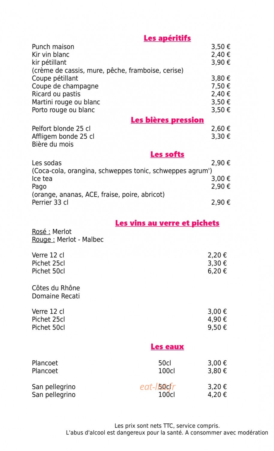 Carte et menu de Les Enfants Terribles à Beaupréau-en-Mauges — Les boissons