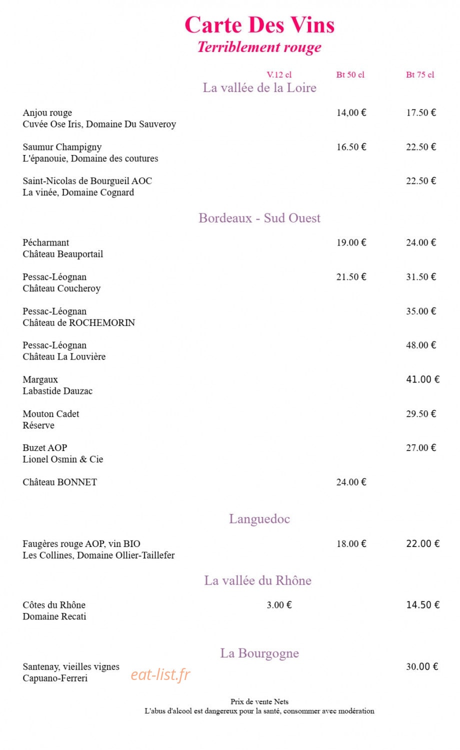 Carte et menu de Les Enfants Terribles à Beaupréau-en-Mauges — Les vins