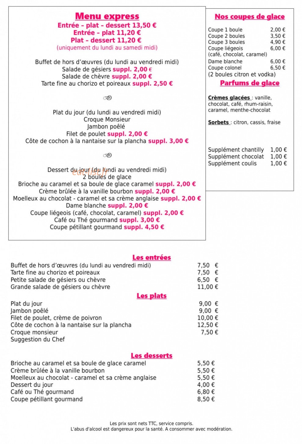 Carte et menu de Les Enfants Terribles à Beaupréau-en-Mauges — Menu express et la carte