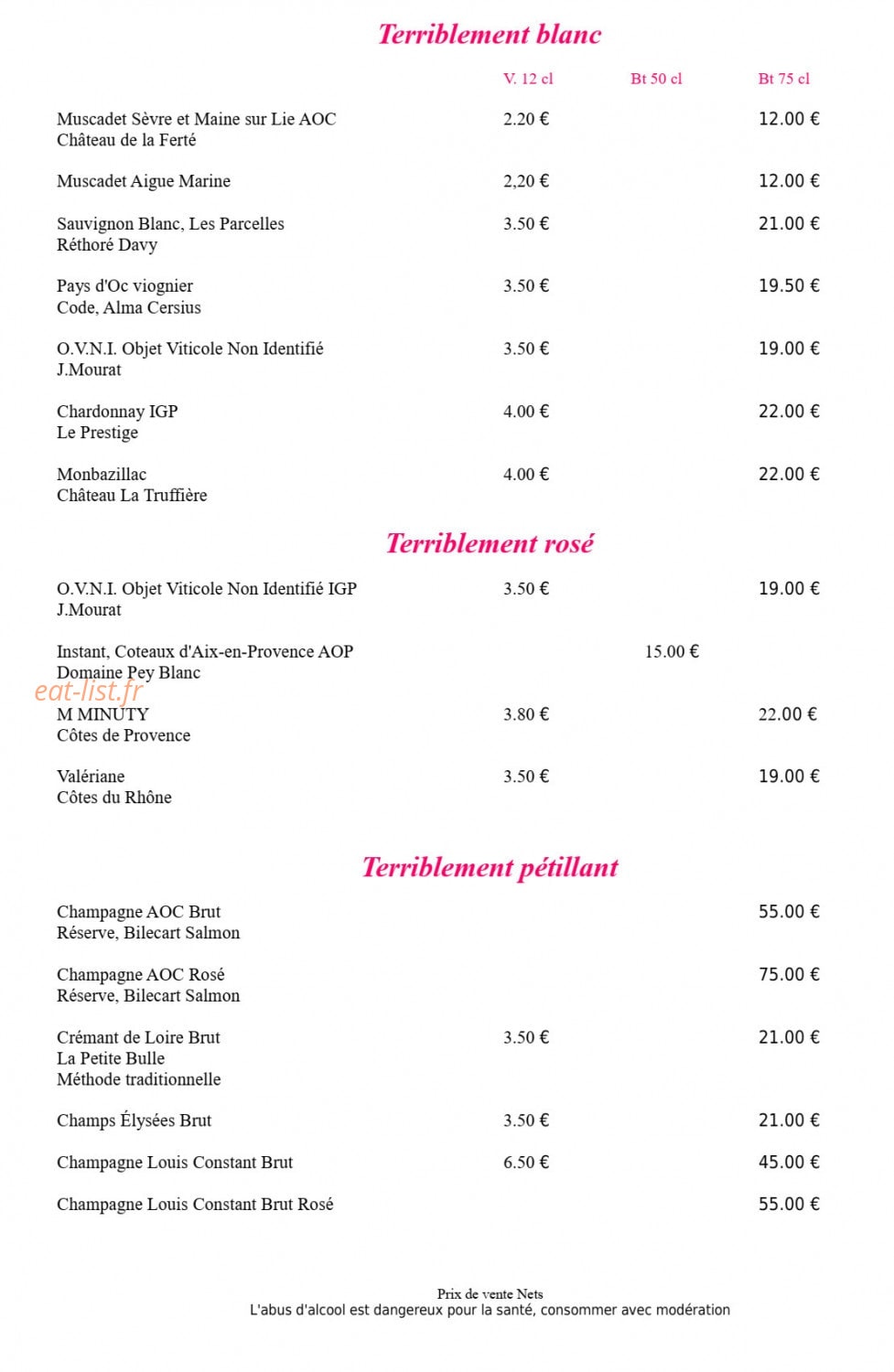 Carte et menu de Les Enfants Terribles à Beaupréau-en-Mauges — Les vins suite
