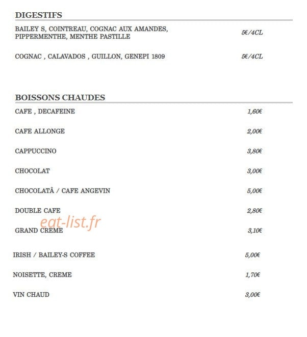 Carte et menu de L'Auberge du Moulin à Les Garennes sur Loire — Digestifs, boissons chauds