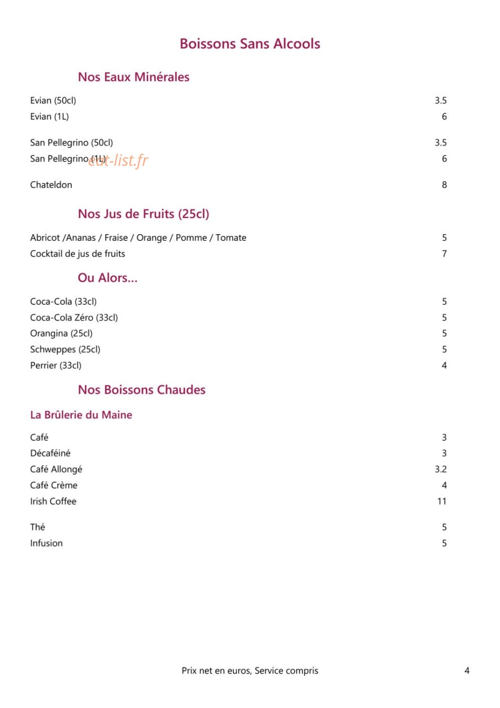 Carte et menu de Loire et Sens à Les Garennes sur Loire — Les boissons sans alcool