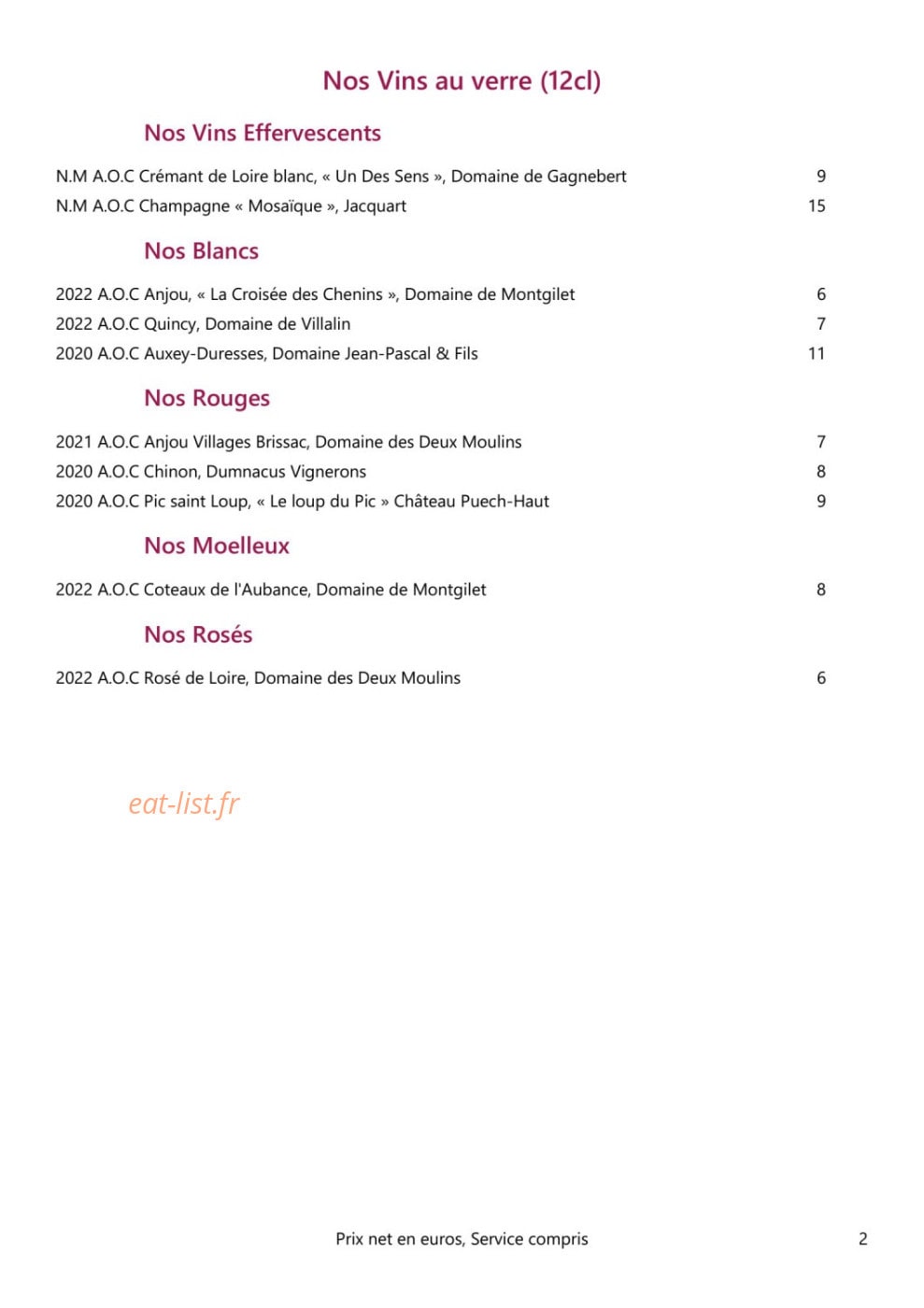 Carte et menu de Loire et Sens à Les Garennes sur Loire — Les vins au verre