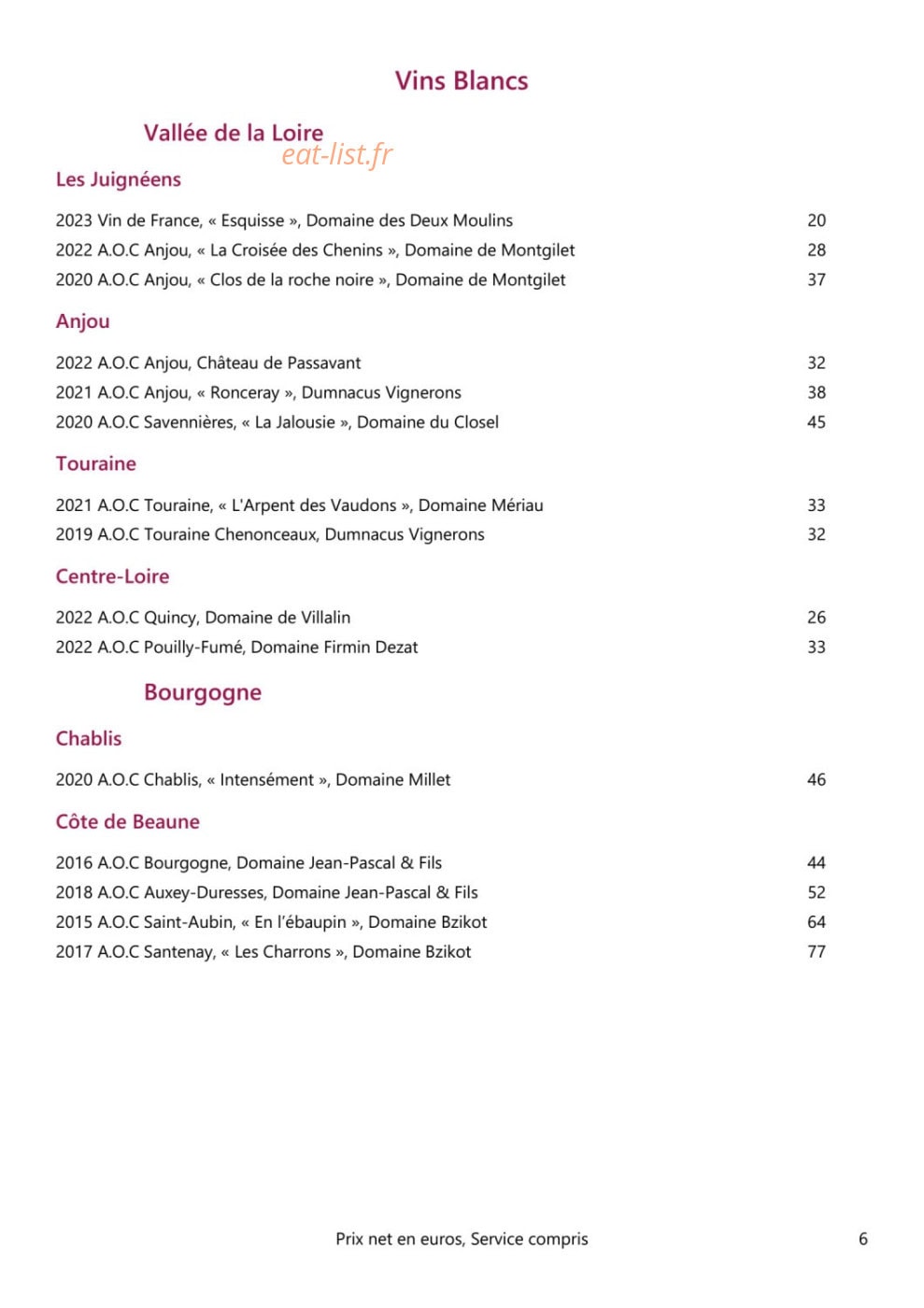 Carte et menu de Loire et Sens à Les Garennes sur Loire — Les vins blancs