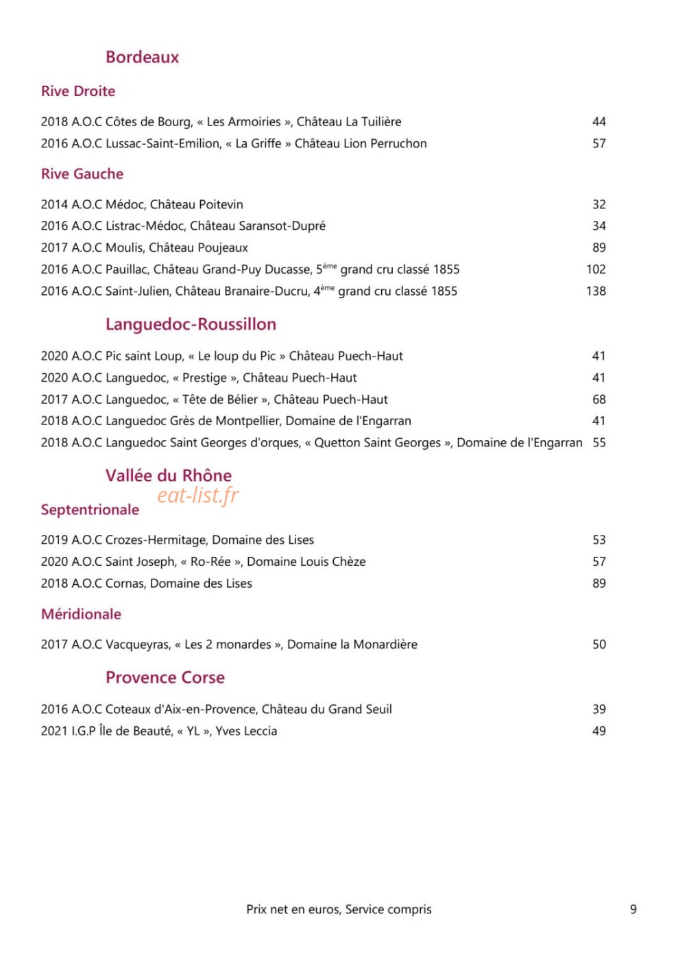 Carte et menu de Loire et Sens à Les Garennes sur Loire — Les vins rouges (suite)