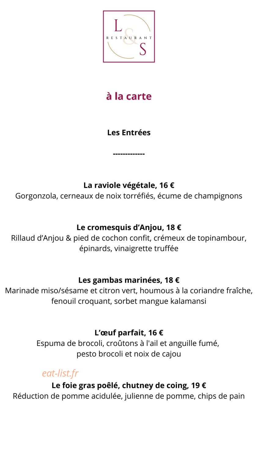 Carte et menu de Loire et Sens à Les Garennes sur Loire — Les entrées