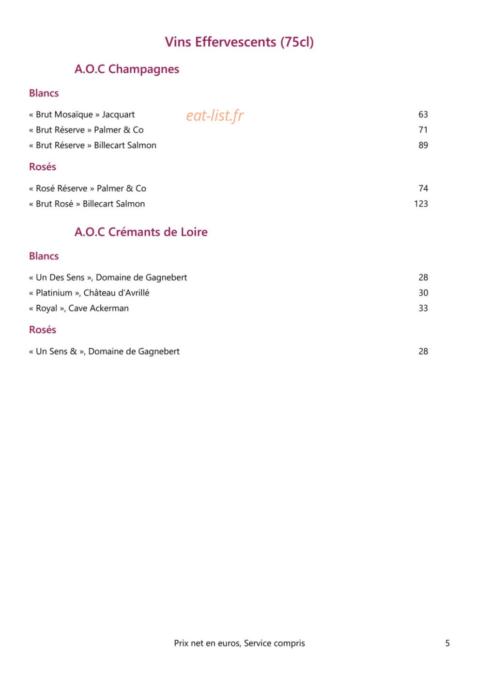 Carte et menu de Loire et Sens à Les Garennes sur Loire — Les vins effervescents
