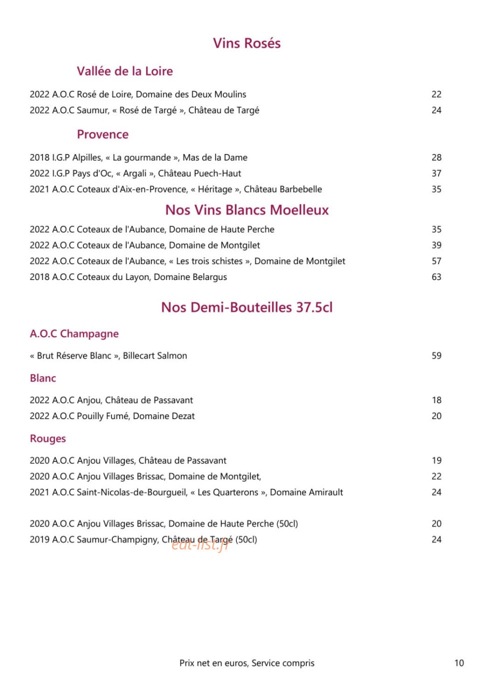 Carte et menu de Loire et Sens à Les Garennes sur Loire — Les vins rosés