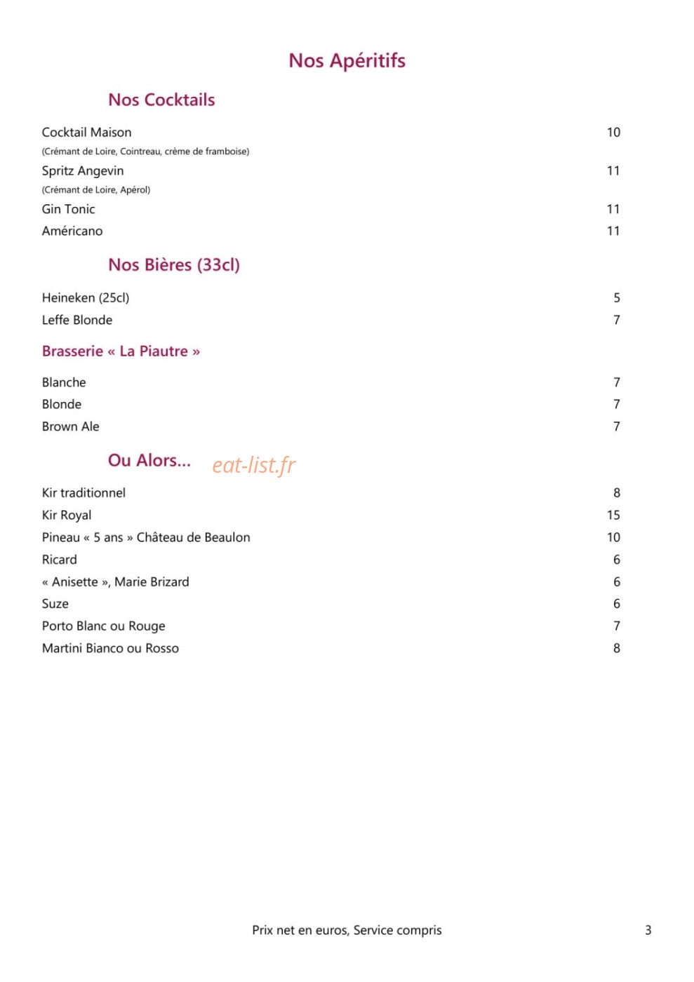 Carte et menu de Loire et Sens à Les Garennes sur Loire — Les apéritifs