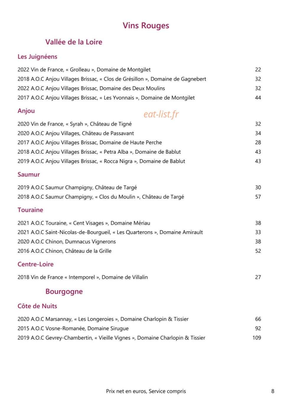 Carte et menu de Loire et Sens à Les Garennes sur Loire — Les vins rouges