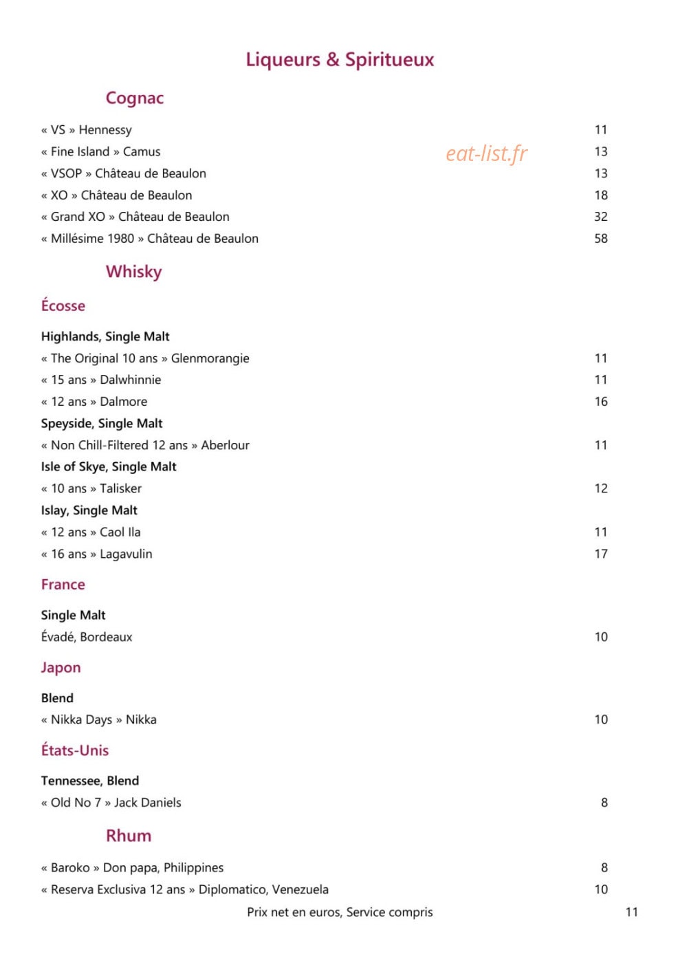 Carte et menu de Loire et Sens à Les Garennes sur Loire — Les liqueurs et spiritueux