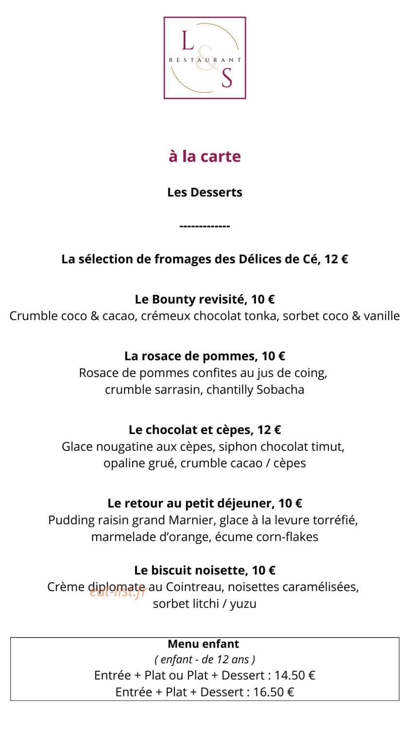 Carte et menu de Loire et Sens à Les Garennes sur Loire — Les desserts