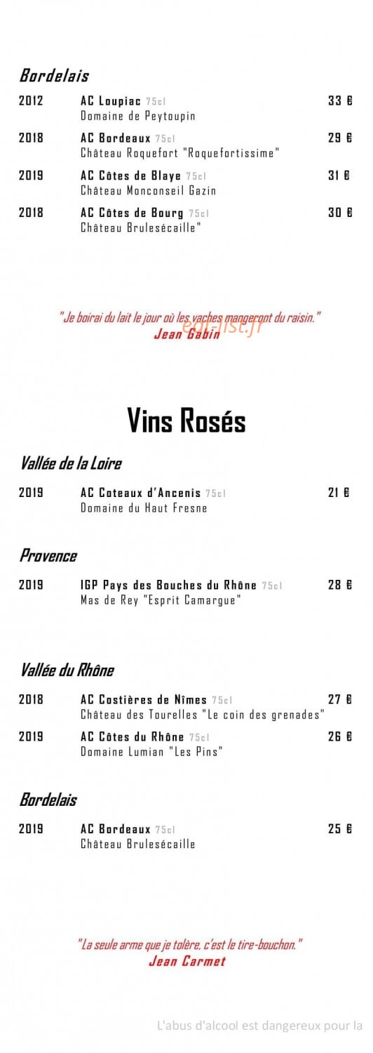Carte et menu de Restaurant Le Moulin de l'Epinay à Mauges-sur-Loire — Les vins page 3