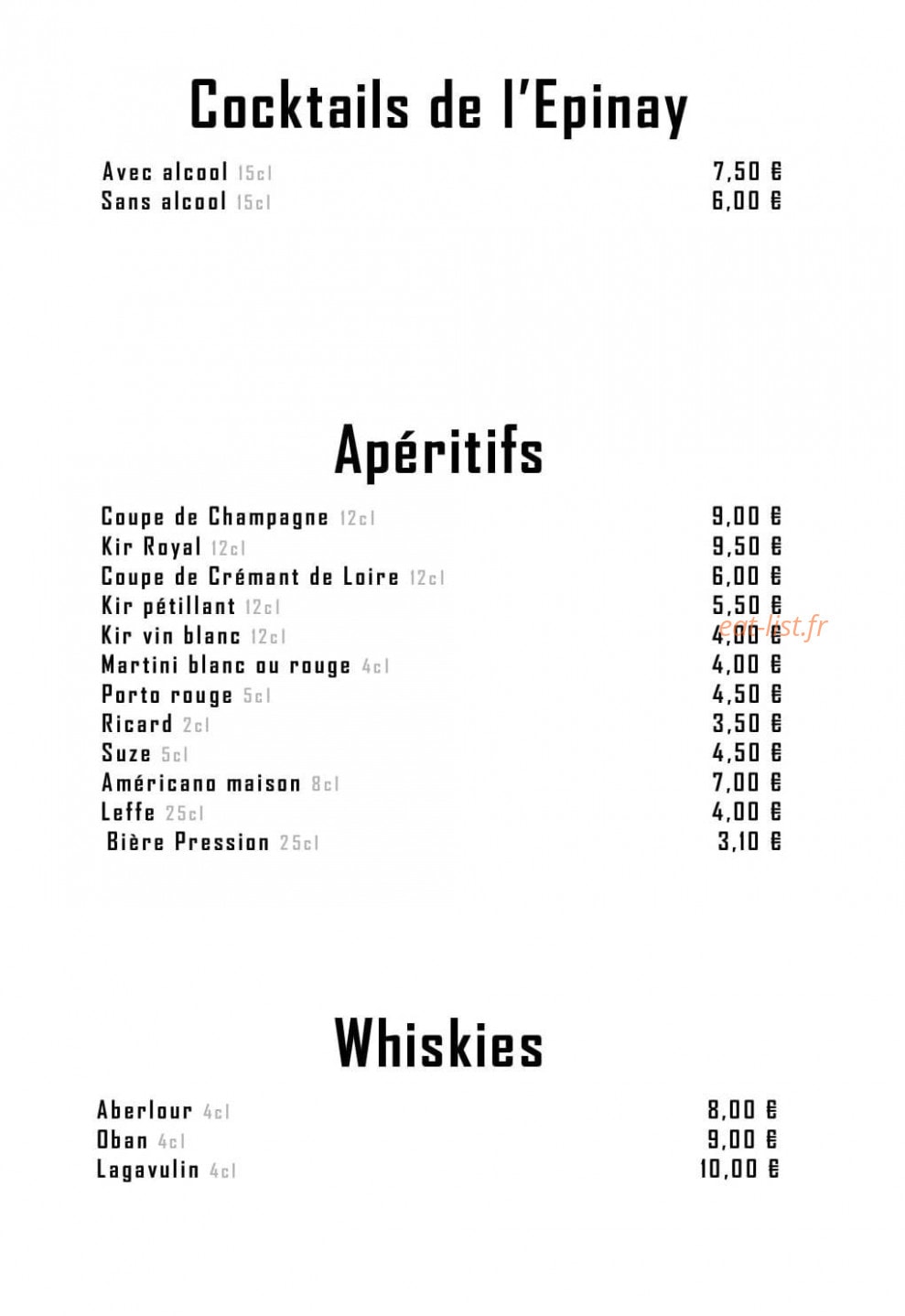 Carte et menu de Restaurant Le Moulin de l'Epinay à Mauges-sur-Loire — Les cocktails, apéritifs et whiskies