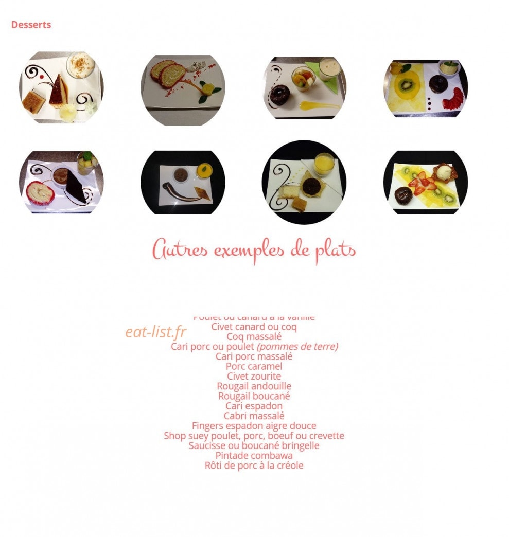 Carte et menu de Le Soleil Réunionnais à Saint Lambert du Lattay — Les desserts et autres plats