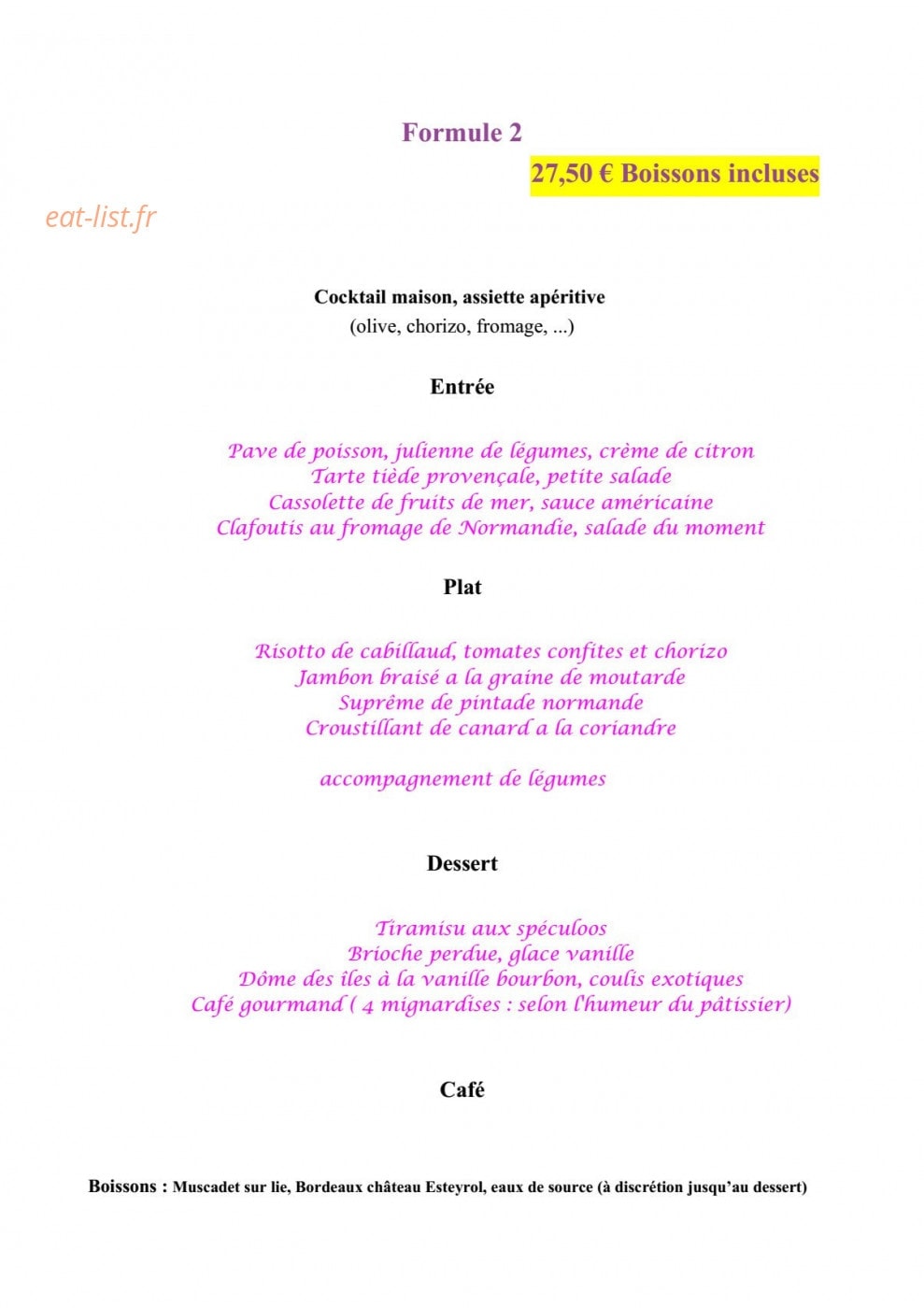Le restaurant d'églantine — carte page 2